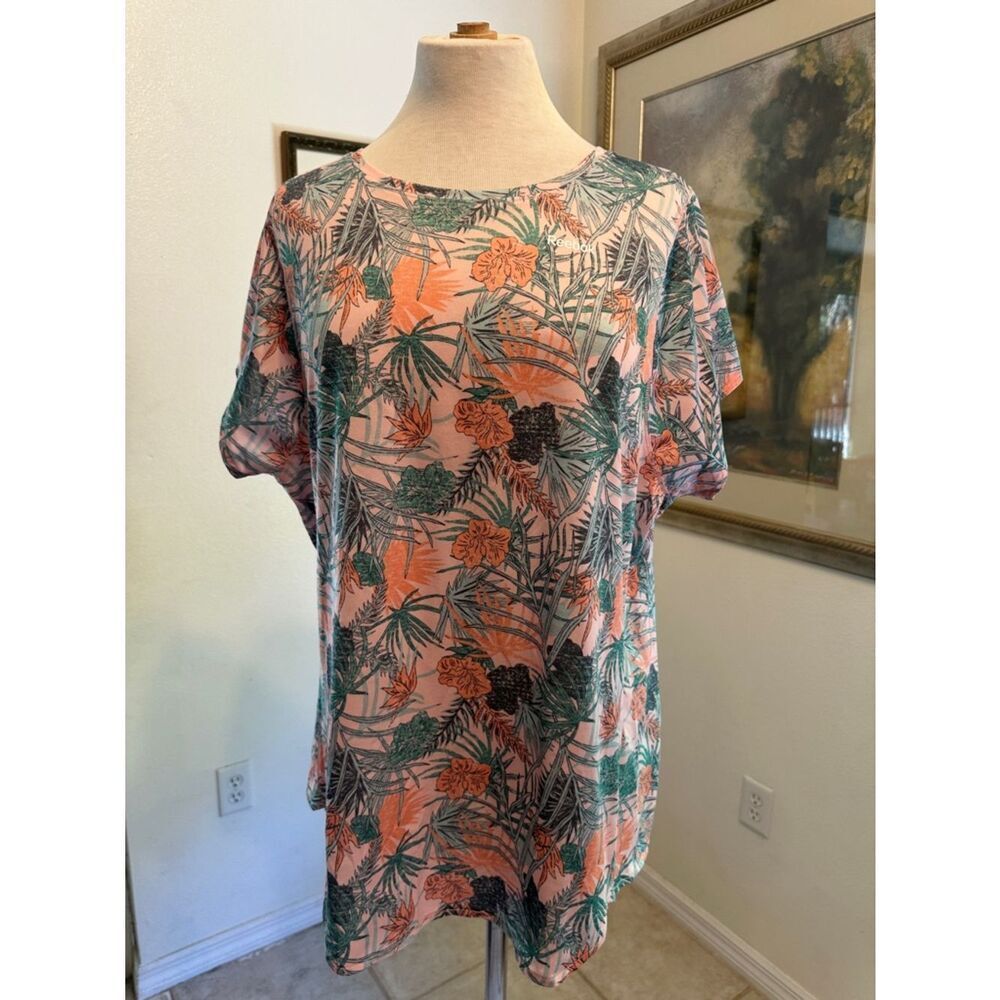 Reebok Top Coral Pink and Green Tropical Print Cotton Size 2XL